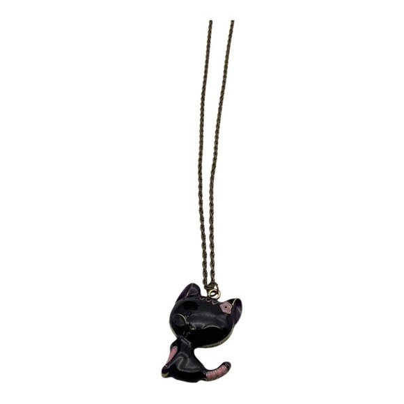 Black Cat Pendant Necklace W/ Brass Tone Chain Women Shinning Paint Finished 26” - Picture 4 of 9
